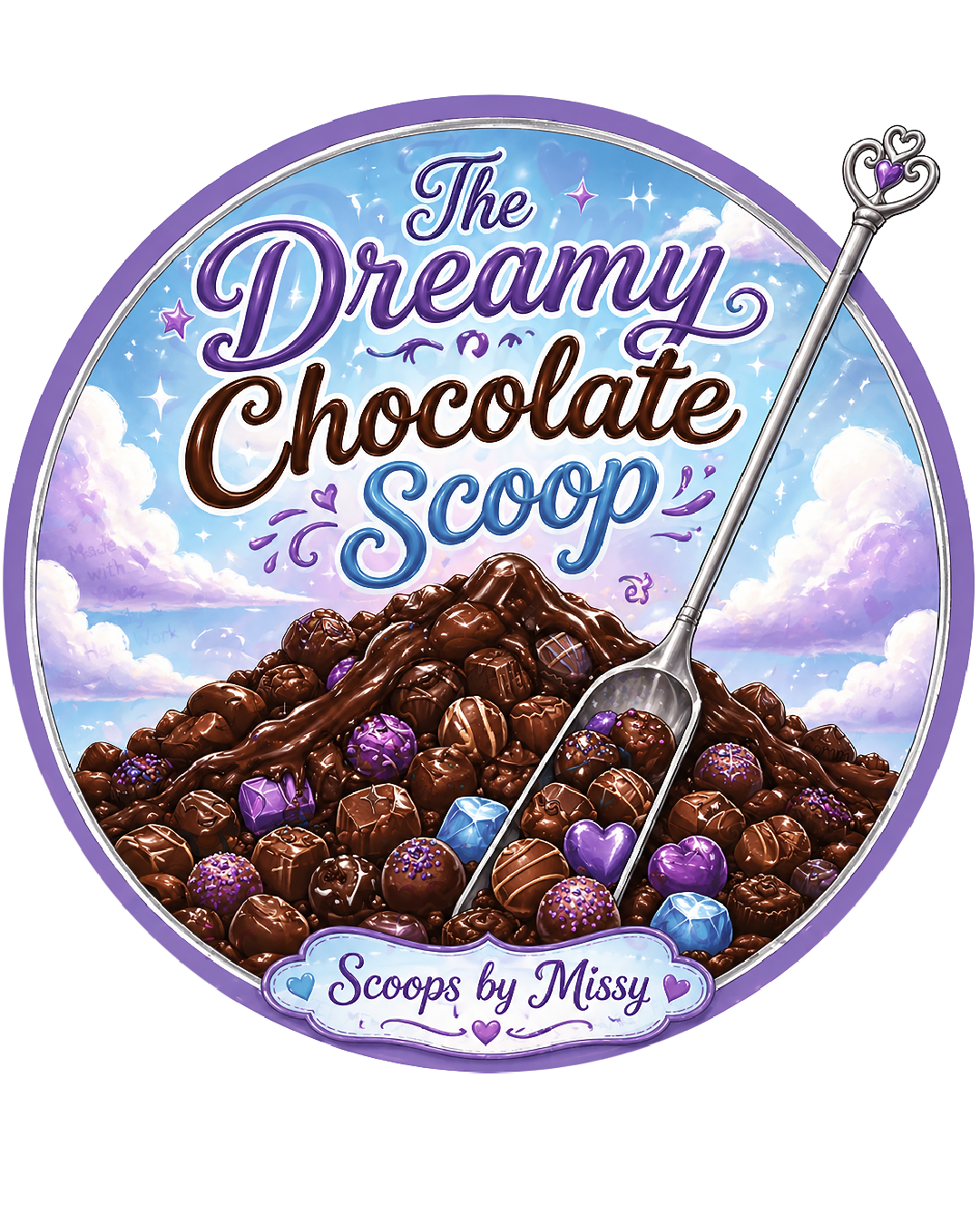 Silver shovel scoop in a mountain of chocolate treats with 'The Dreamy Chocolate Scoop' text at the top, and branded by 'Scoops by Missy'.