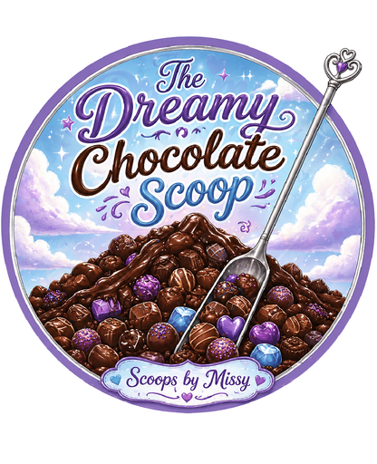 Silver shovel scoop in a mountain of chocolate treats with 'The Dreamy Chocolate Scoop' text at the top, and branded by 'Scoops by Missy'.
