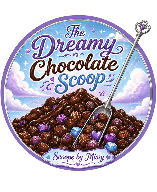 Silver shovel scoop in a mountain of chocolate treats with 'The Dreamy Chocolate Scoop' text at the top, and branded by 'Scoops by Missy'.