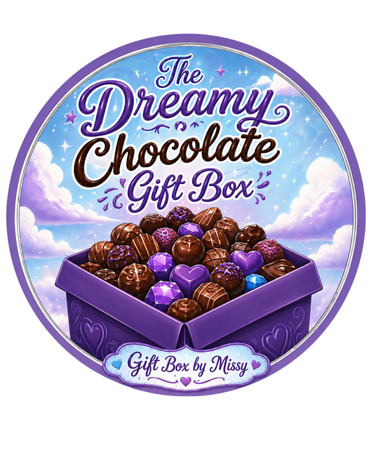 Dreamy Chocolate Gift Box packaging with a purple border and cloud background