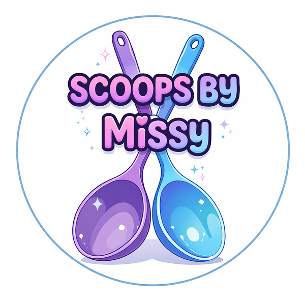 Logo for 'Scoops by Missy' featuring two colorful spoons on a white background.