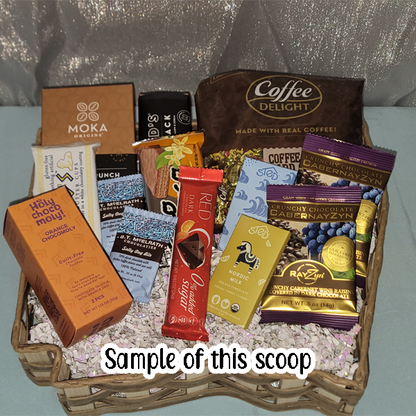 Example of Chocolates you can purchase for a gift box displayed in a basket.