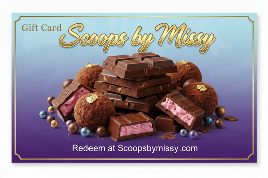 Gift card with chocolate treats and 'Scoops by Missy' branding on a gradient background.